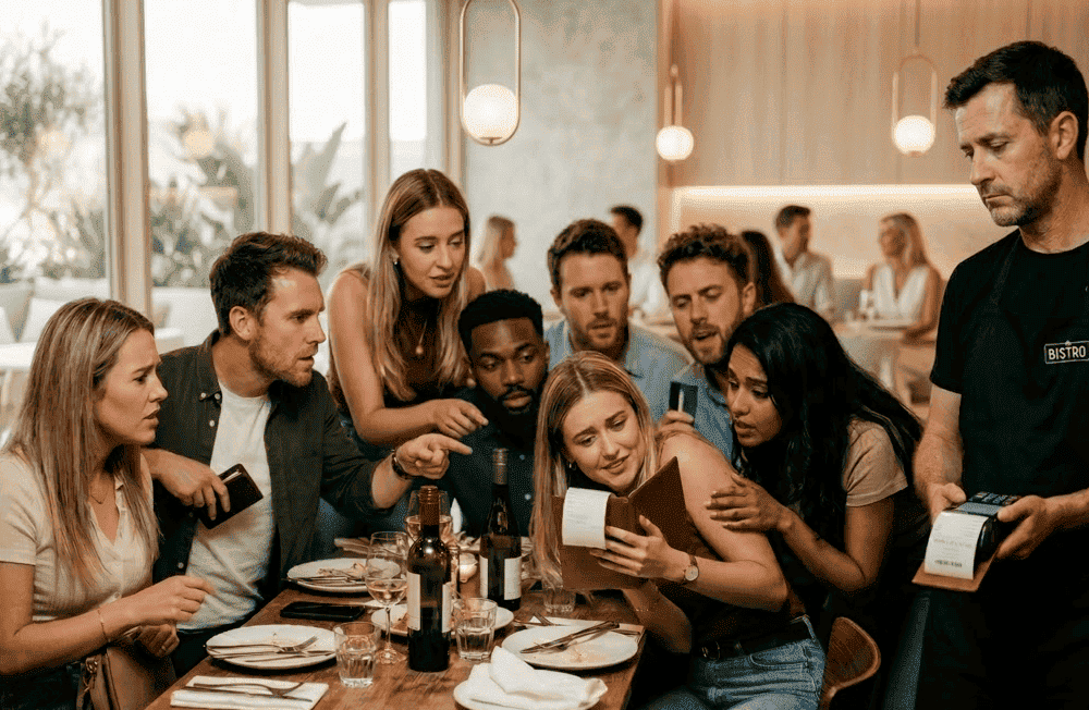 The Awkward Shuffle - friends crowding around a bill